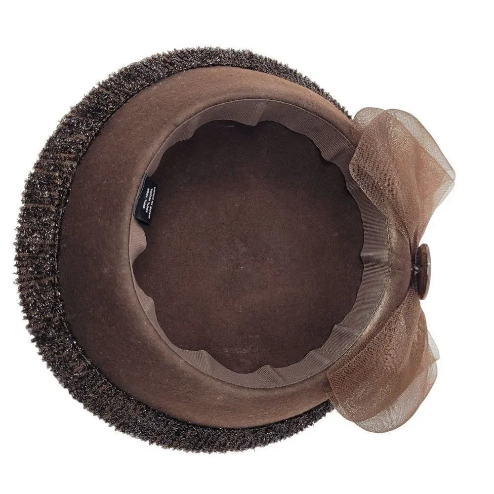 Vintage Unique Rare Wool Church Hat Bumper Halo Brown Netted Bow Chocolate‎